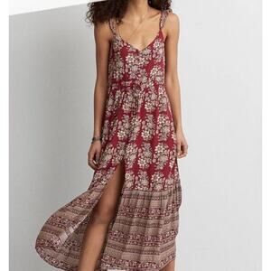 American Eagle Outfitters Red Floral Button Down Front Split Maxi Dress XXS
